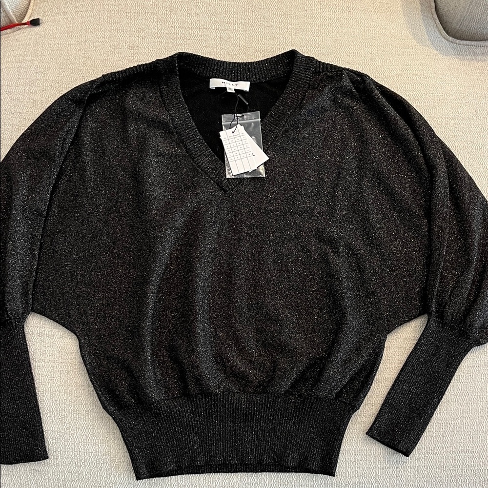 Milly Black Shimmer V-Neck Sweater
